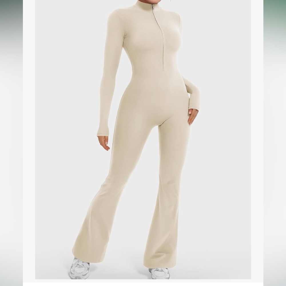 Cream bell bottom jumpsuit romper jumper one piece Flared pants outfit sexy yoga